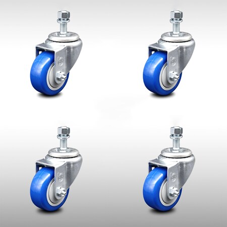 Service Caster 3.5 Inch SS Blue Polyurethane Wheel Swivel 12mm Threaded Stem Caster Set SCC-SSTS20S3514-PPUB-BLUE-M1215-4